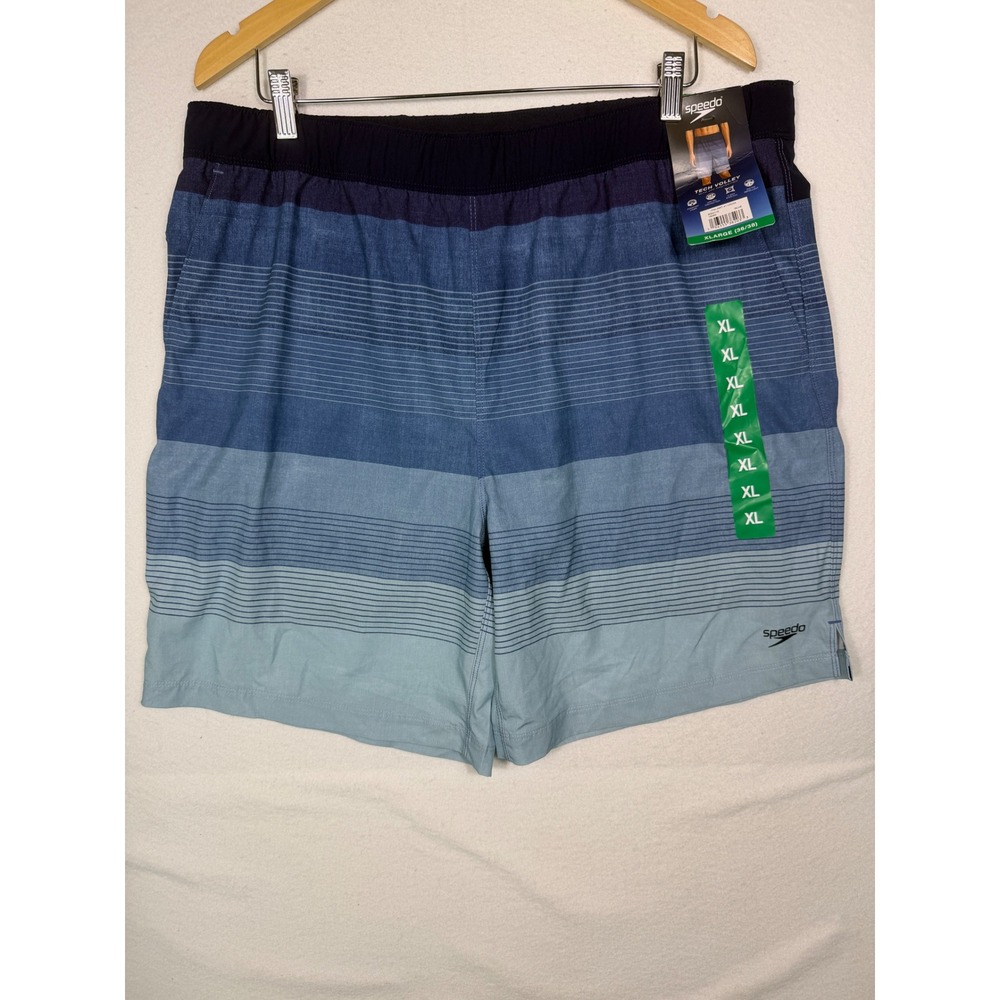 Speedo Tech Volley Swim Trunks‎ Men XL Blue Striped 8" Inseam Board Shorts NEW